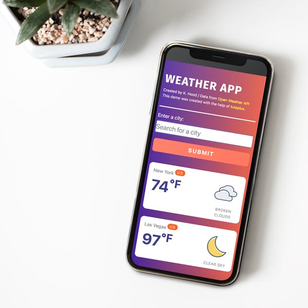 Picture of a phone on a counter, with the weather app open