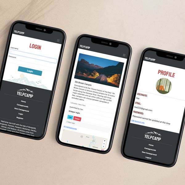 Three iPhones laying next to each other in a row, displaying various YelpCamp pages