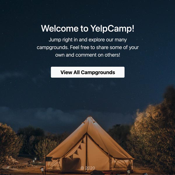 A picture of a tent in the desert, used as the YelpCamp App's home page