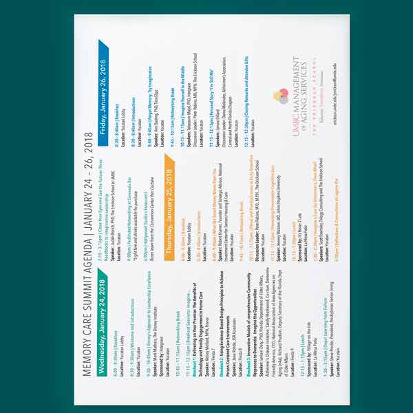 A printout of the 2019 Memory Care Summit
