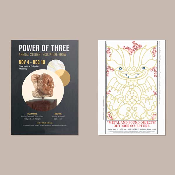 Two posters for school clubs; on the left the 2021 Power of Three event advertisement and on the right, the Metal and Found Objects sculpture club event