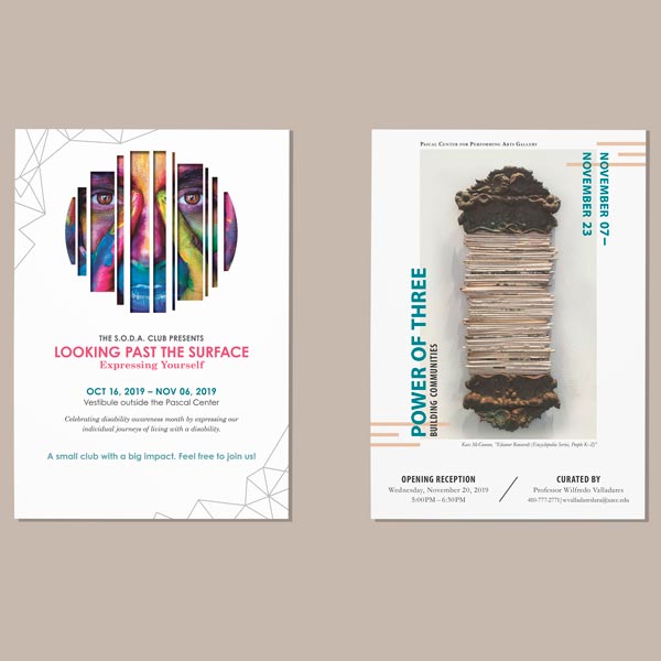 Two posters for school clubs; on the left the Looking Past the Surface event advertisement and on the right, the 2020 Power of Three event advertisement