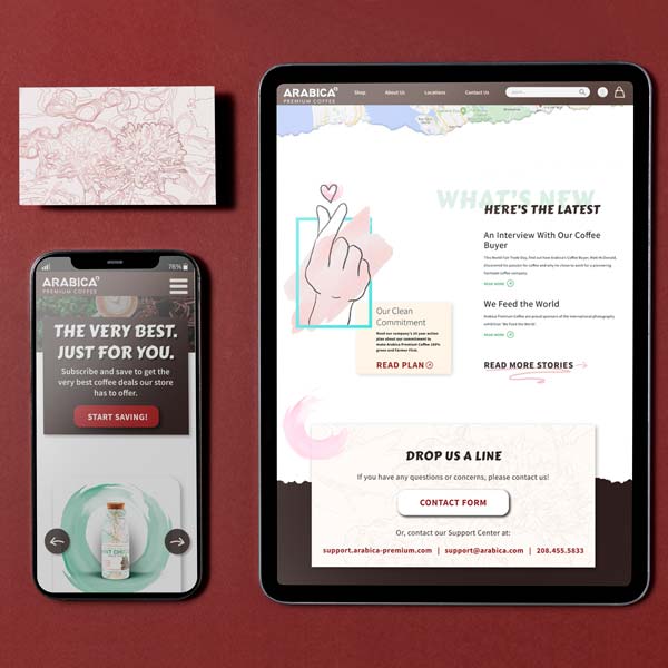 The Arabica landing page on a tablet and phone, with an Arabica business card beside them