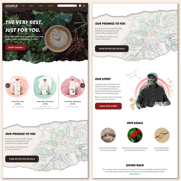 The Arabica website landing page with all screen sections laid out