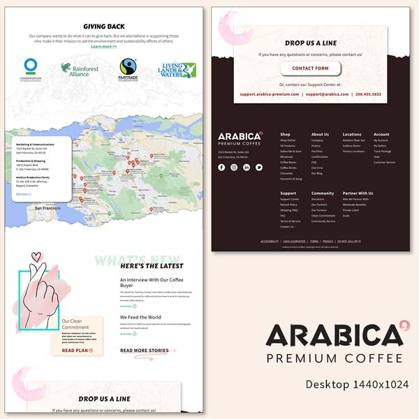The Arabica website landing page with all screen sections laid out- second section