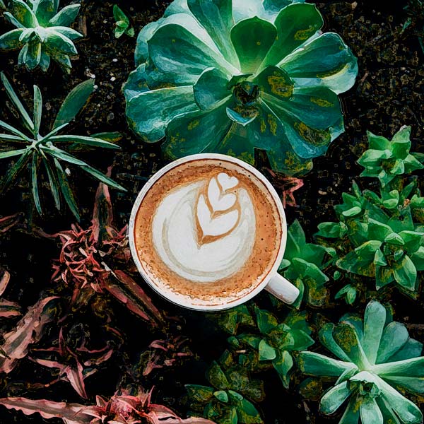 A picture of a cup of coffee placed on top of some plants