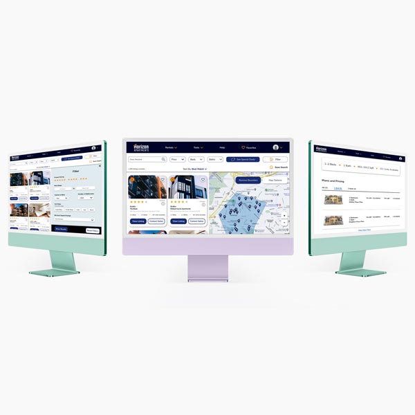 Three desktop screens that showcase different pages of the Horizon Apartments application