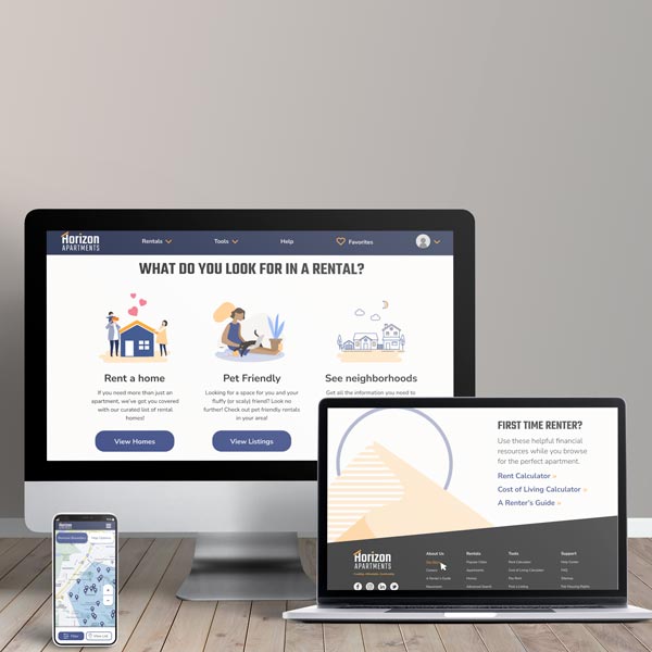 Horizon Apartments application on desktop, laptop, and a cellphone screen