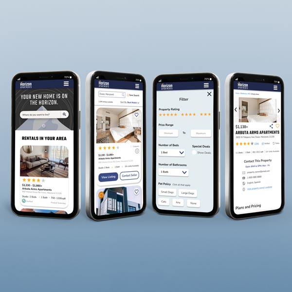 Four mobile phones showcasing various screens from the Horizon Apartments application