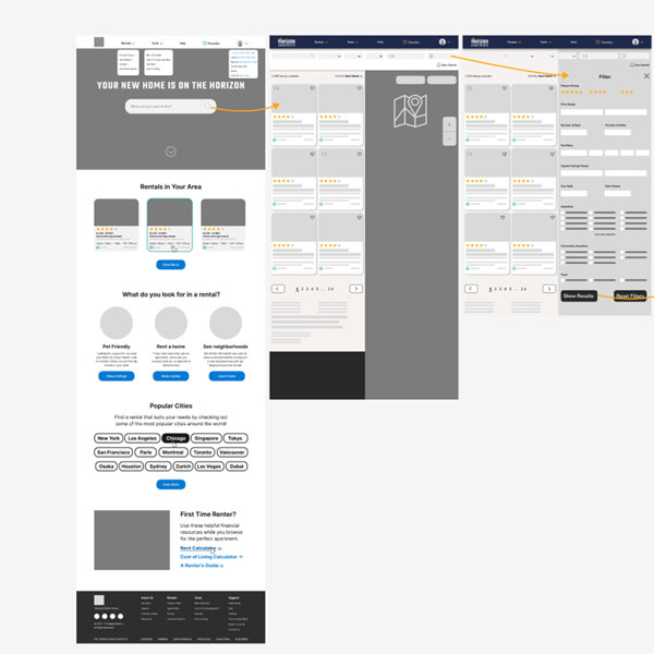 A layout of the wireframe screens for the desktop version of the application
