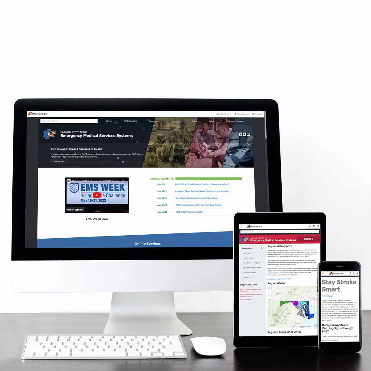 A desktop MAC monitor with the Maryland EMS homepage on display