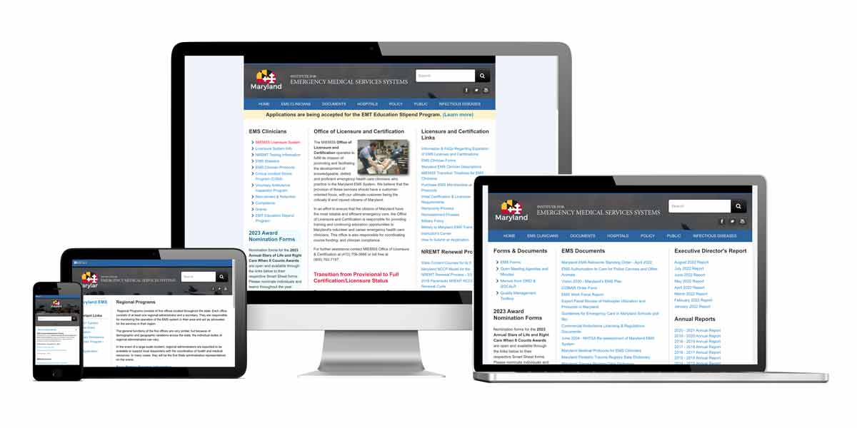 Four devices; A Mac Desktop, Macbook, iPad, and iPhone, on display with various Maryland EMS website screens on display.