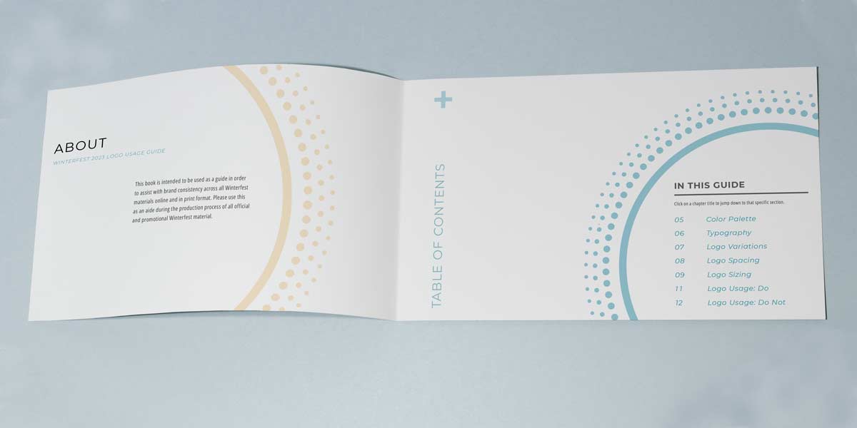An open booklet which shows the About this Guide section of the Logo Usage Guide (left) and the Table of Contents (right)