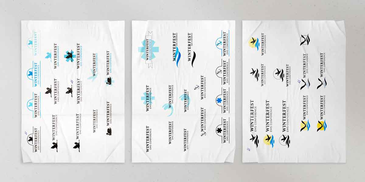 3 pages next to each other, each page displaying digital drafts of logo ideas, pulled from the initial sketches. Check marks are placed beside the logos people voted for.
