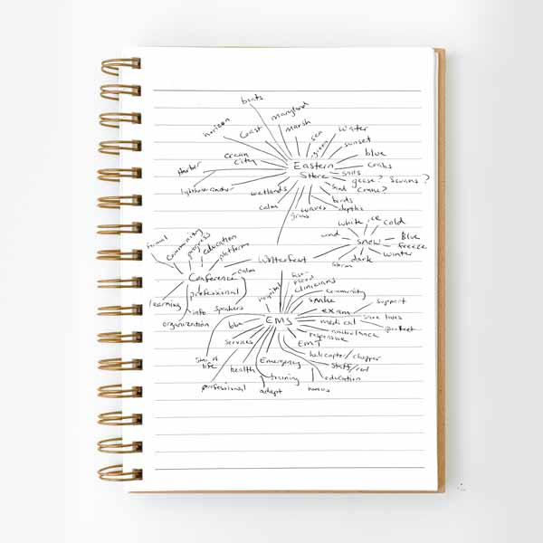 A plain open notebook with the Winterfest mindmap on the page