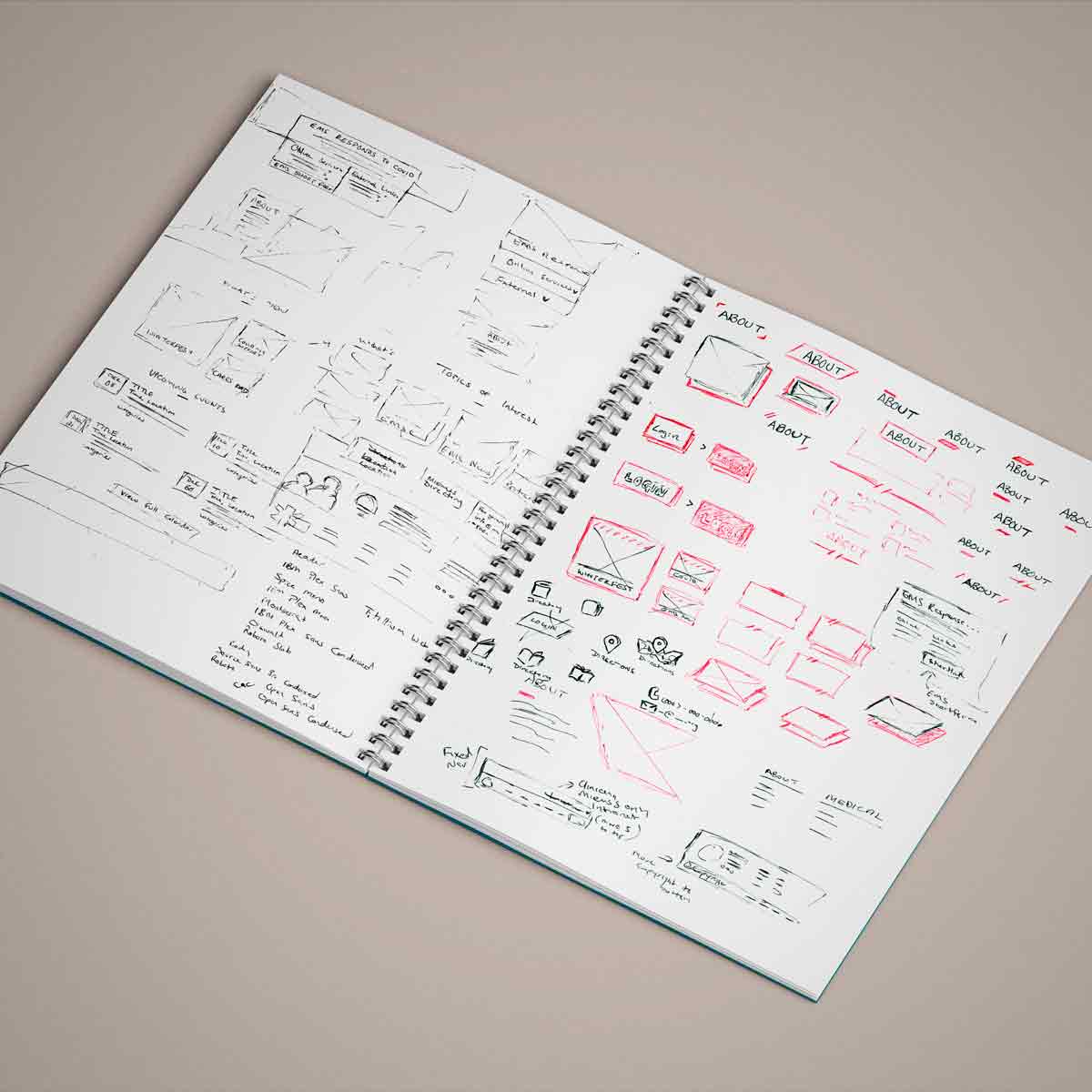 An open sketch book with initial sketches of components and text treatments for the website