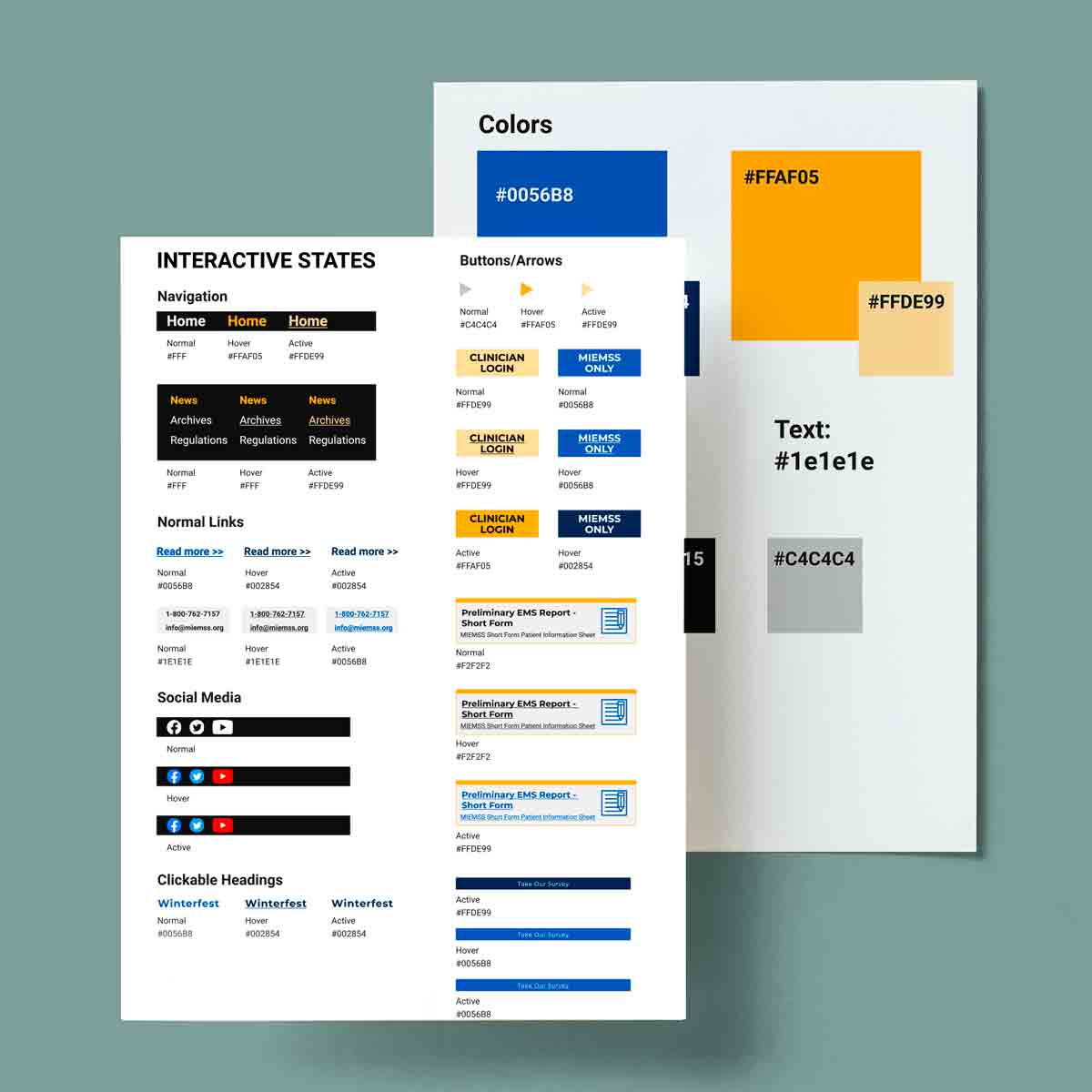 Four sheets of paper with initial design ideas for the interactive states of different website components