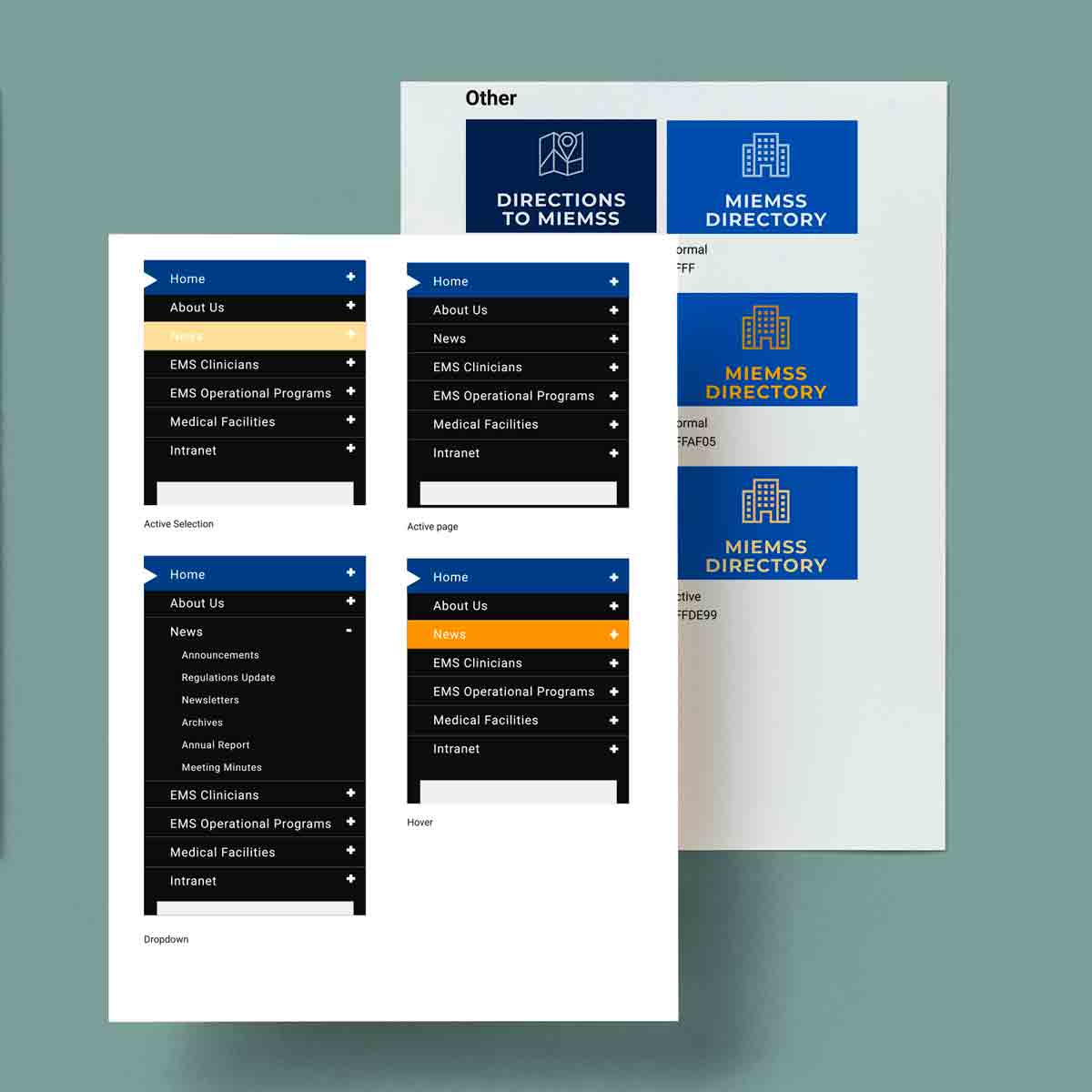 Two sheets of paper with initial design ideas for the interactive states of different website components