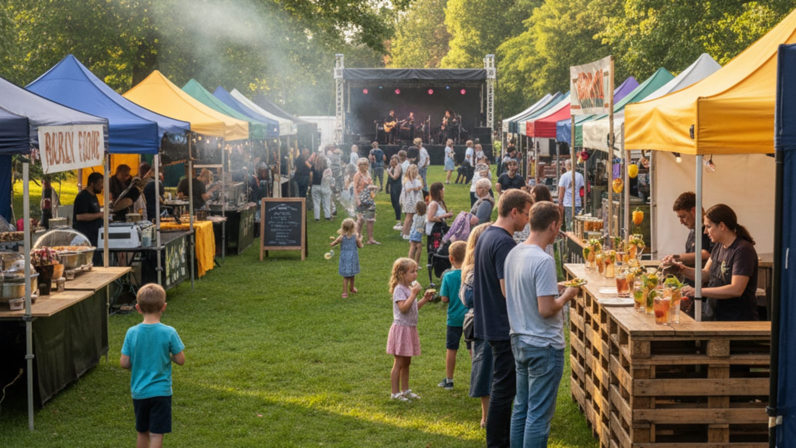 Lichfield Dining Club at Beacon Park featuring food stalls and live music.
