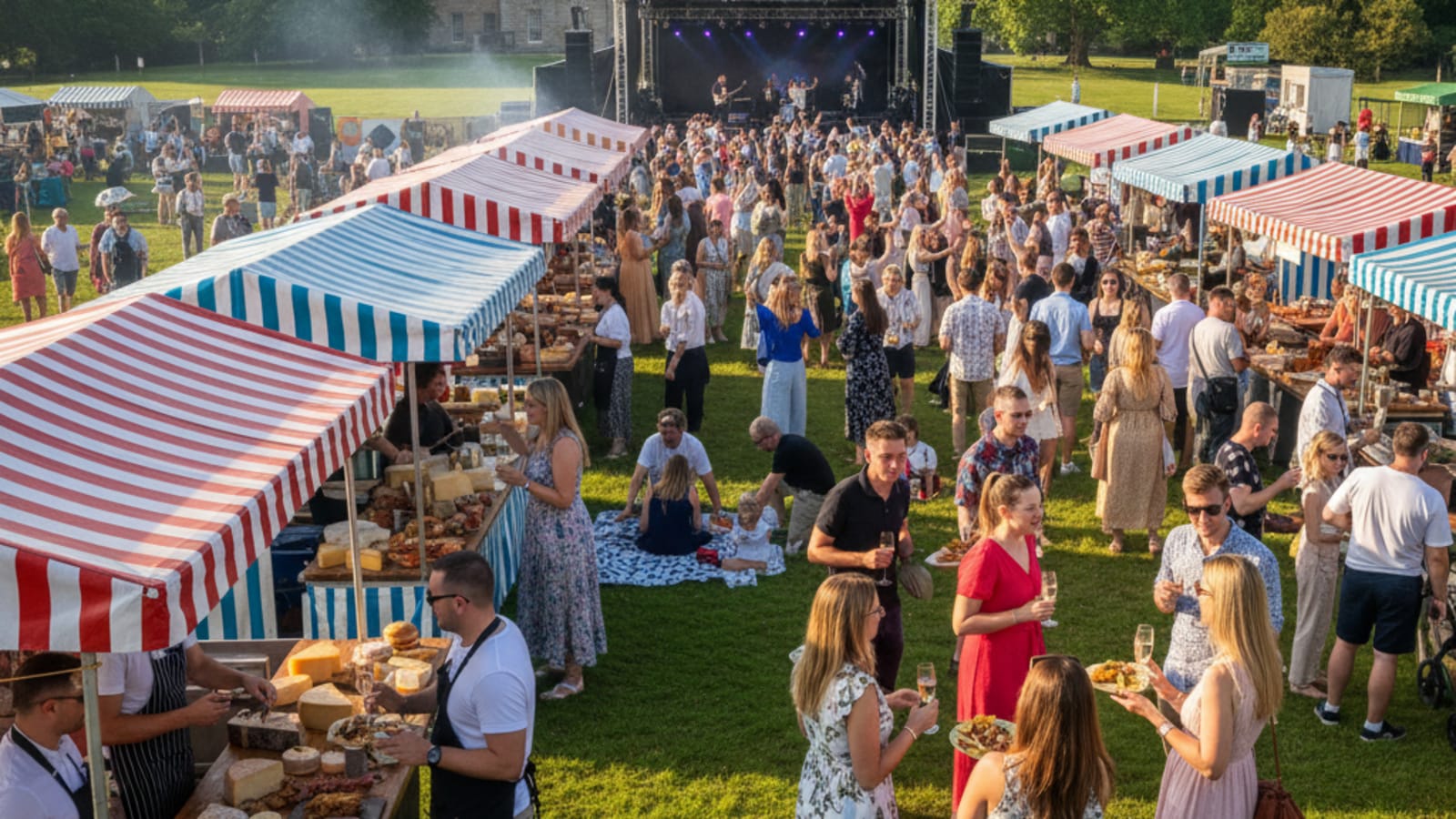 Festival-goers enjoying food and music at Himley Hall