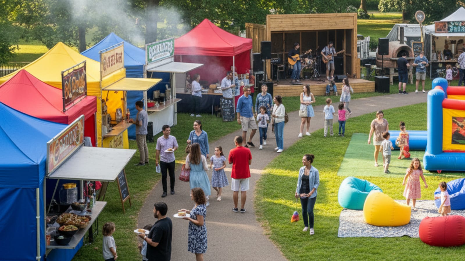 Shirley Social event at Shirley Park with food stalls and live music.