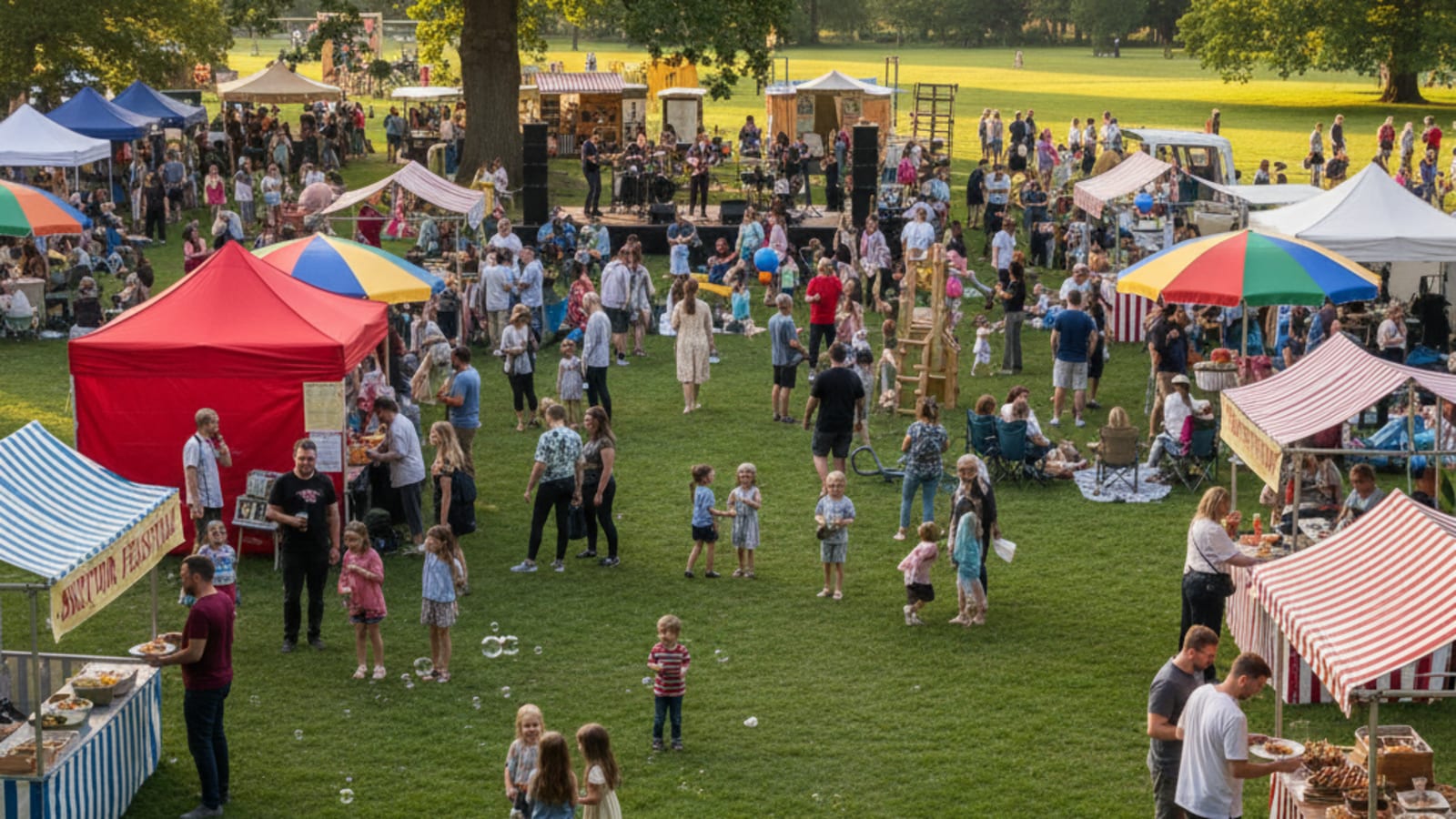 Crowd enjoying food stalls at Skipton Summer FEASTival in Aireville Park