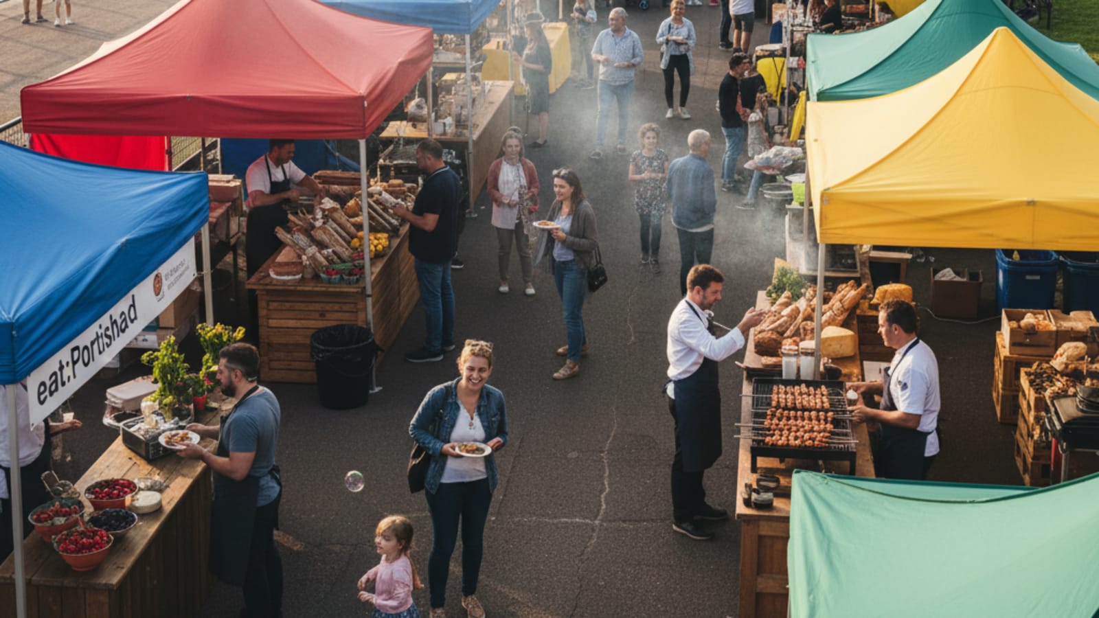 Crowd enjoying food stalls at eat:Portishead festival in Bristol