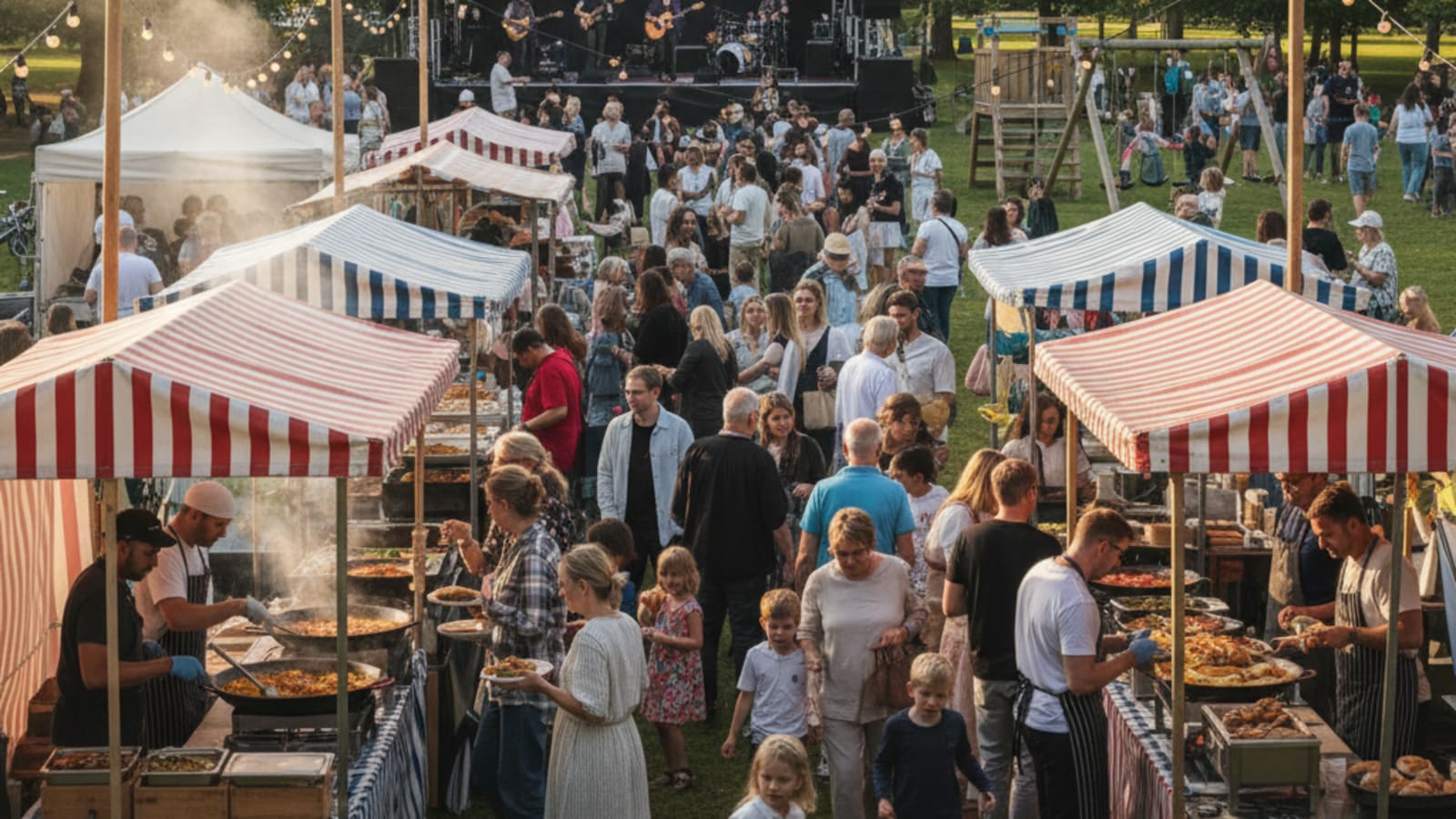 A vibrant scene at Shirley Social with food stalls and live music.