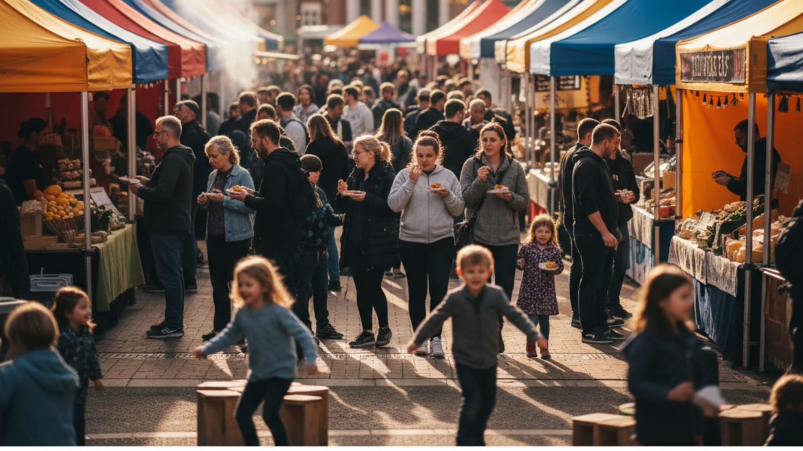 New Street Eats food festival in Birmingham with vibrant stalls and happy visitors.