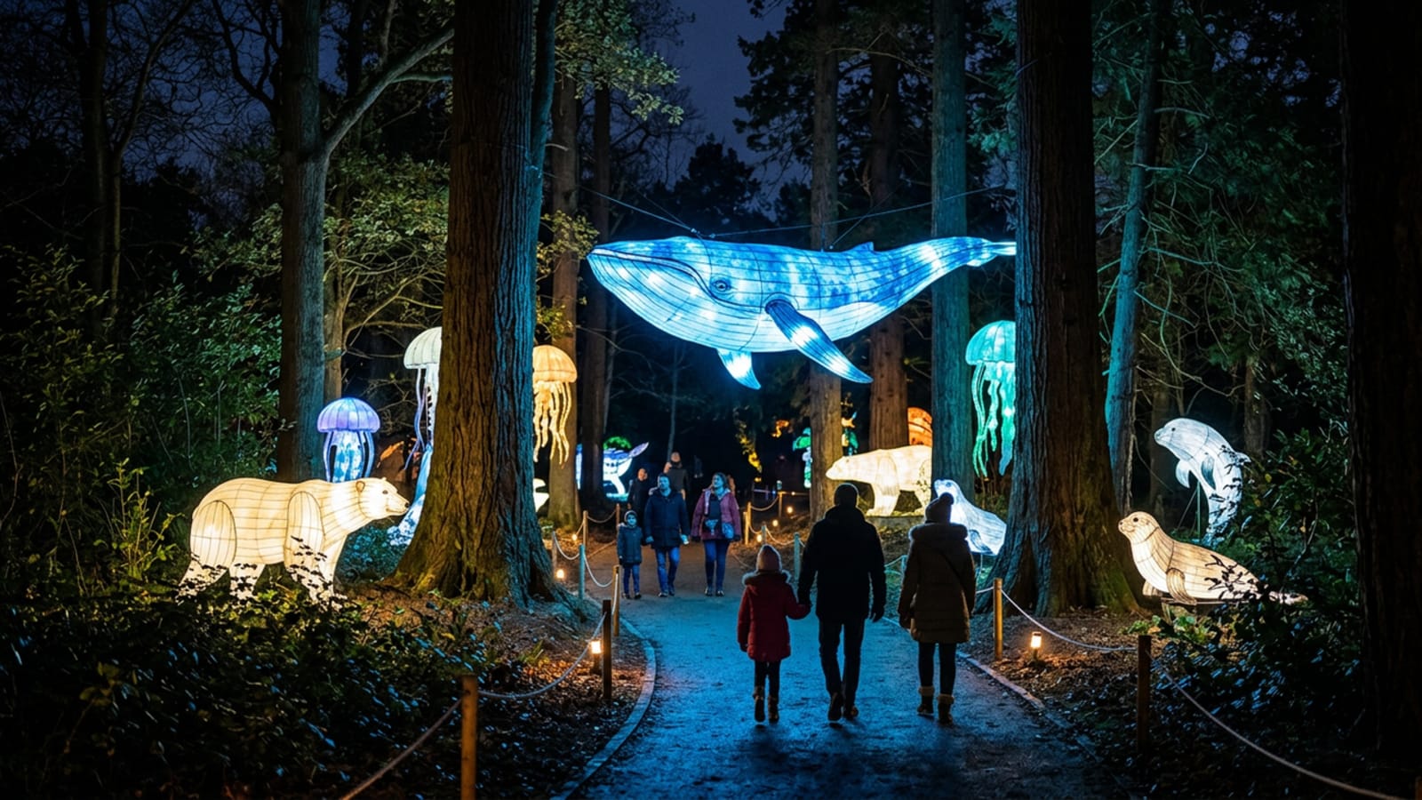 Glowing lanterns along a woodland trail at Wakehurst at night