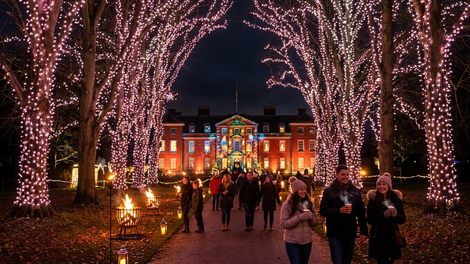 Glowing trees on the Christmas light trail at Dunham Massey