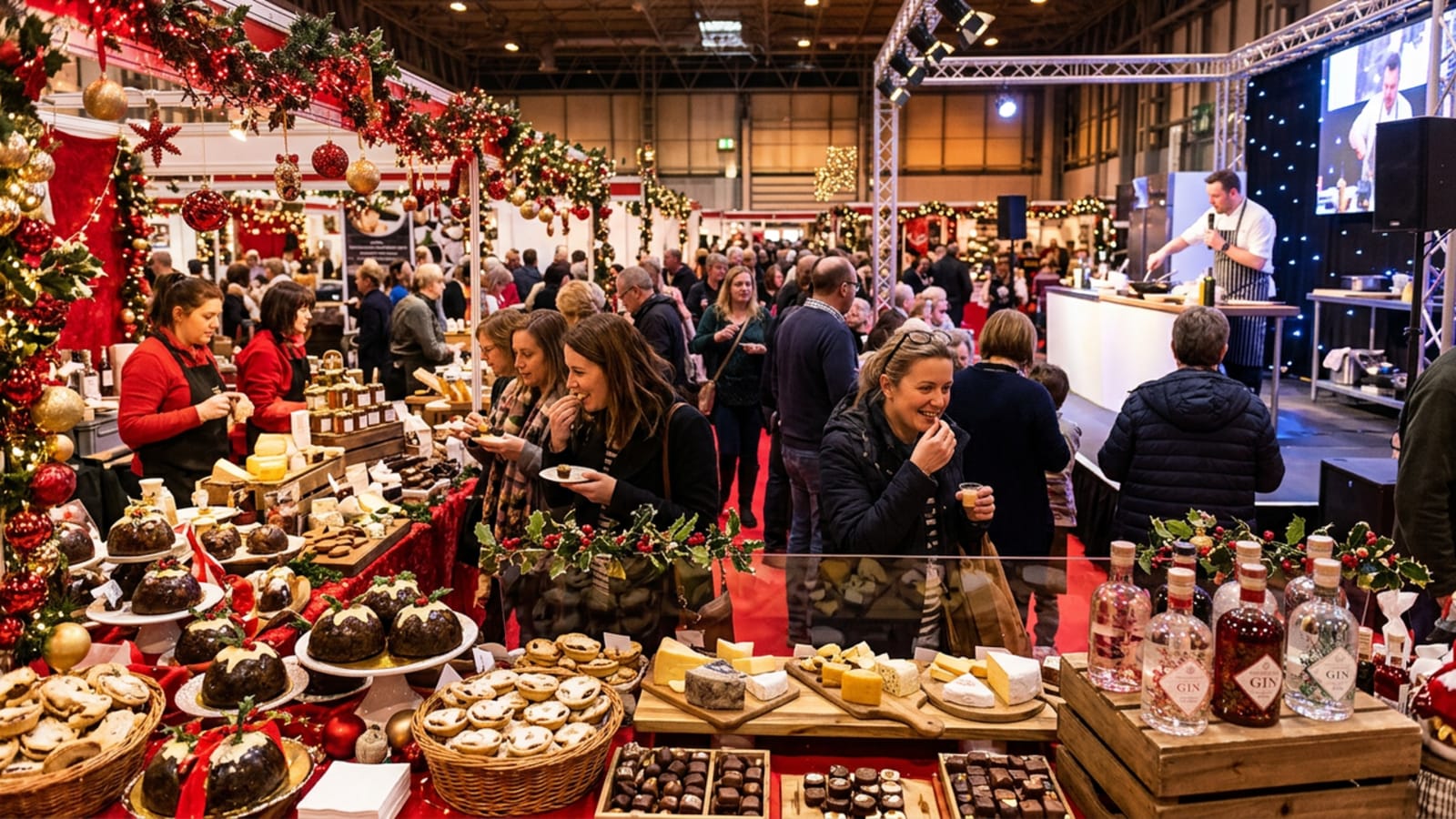Festive food producer stalls and shoppers at a Christmas food show
