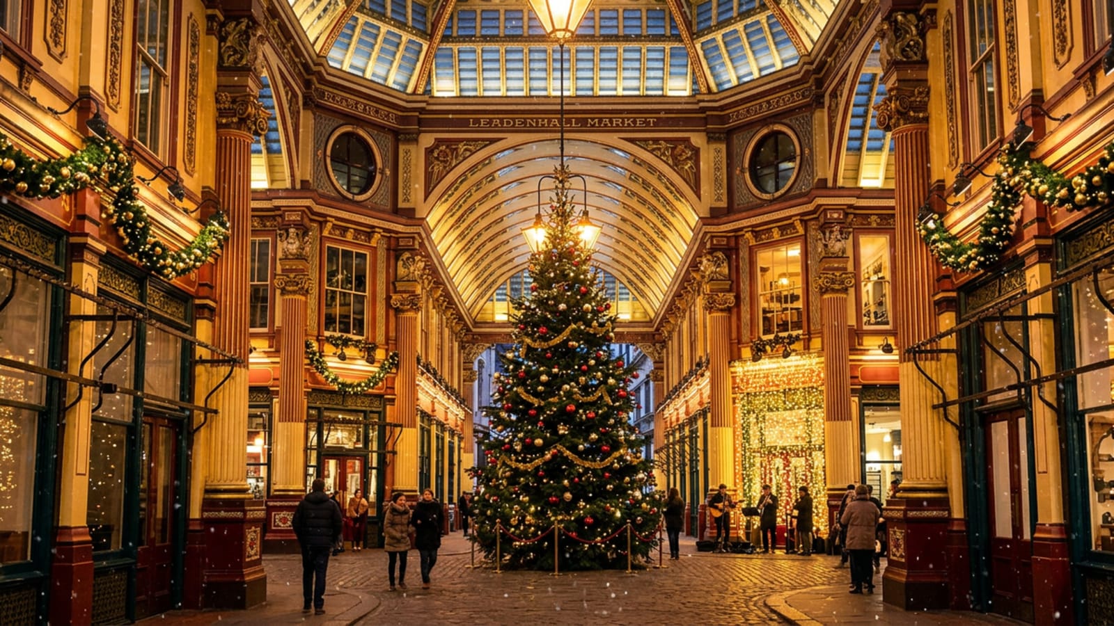 Leadenhall Market decorated with a Christmas tree and festive lights
