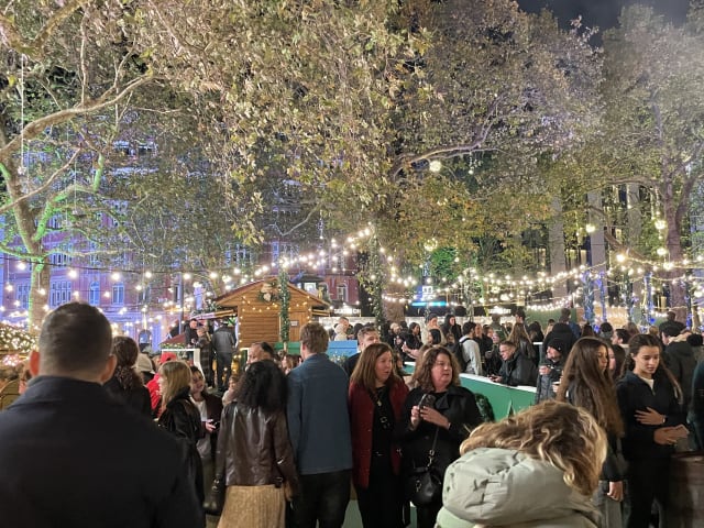 Leicester Square Christmas Market, where the Lights & Markets by Night tour stops for a hot drink