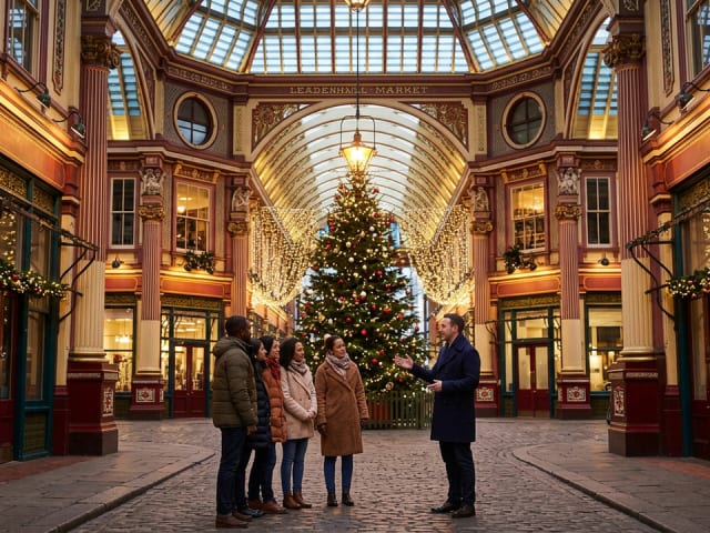 Leadenhall Market decorated for Christmas, with a small group and a local host