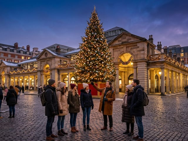 A small group with a local host by the giant Christmas tree in a London piazza at dusk