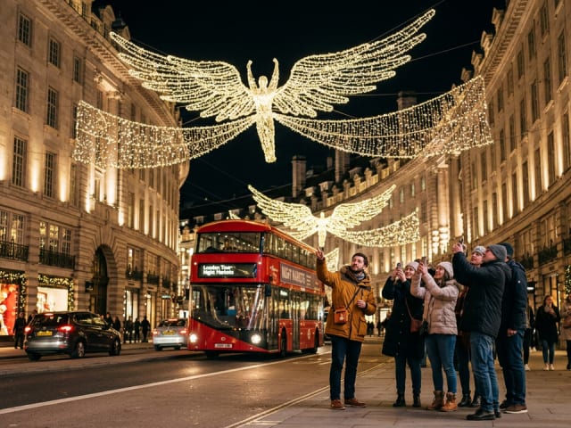 A small group photographing the angel Christmas lights over a London street at night