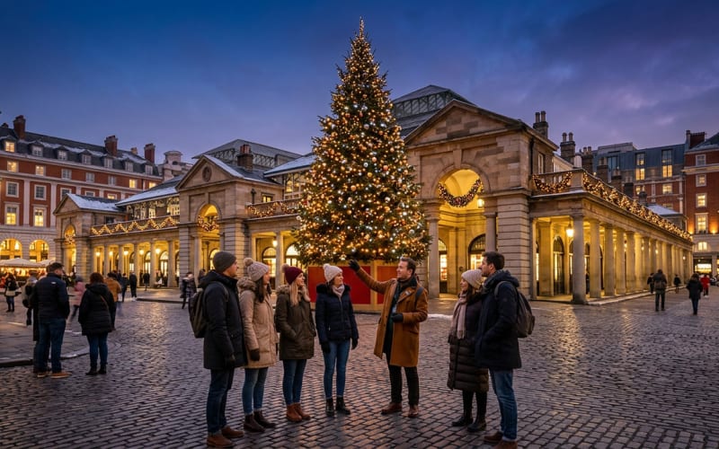 A small group with a local host by the giant Christmas tree in a London piazza at dusk
