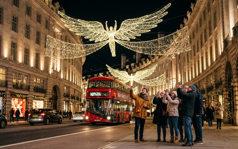A small group photographing the angel Christmas lights over a London street at night