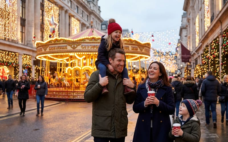 A family with hot chocolate by a lit-up carousel on a festive London street