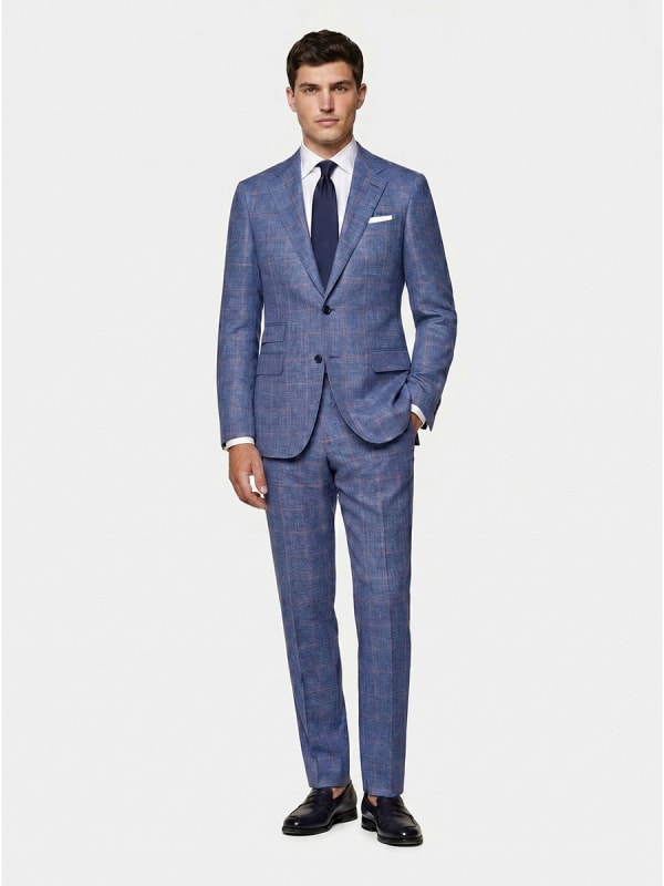 Azure Red Windowpane Summer Suit – Premium Wool Silk Linen Blend