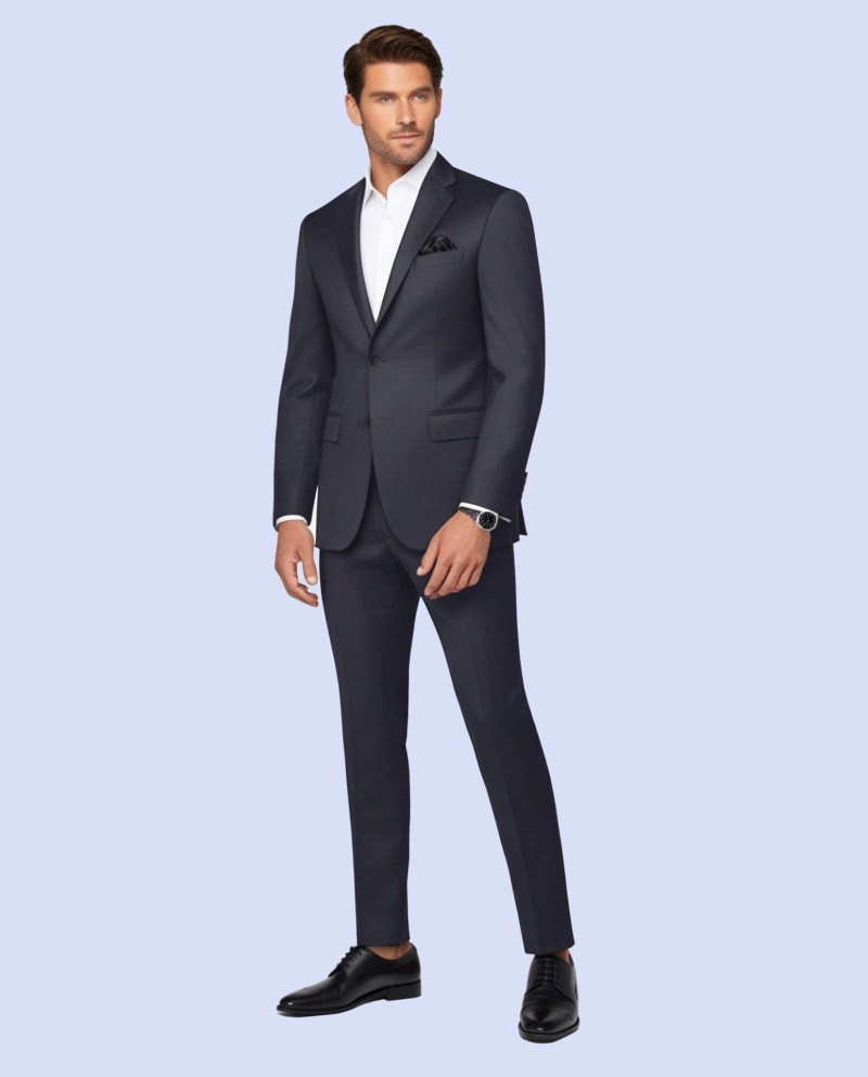 Charcoal grey wool blend bespoke suit full model view with modern tailored fit by Emporium Armani Tailor Bangkok