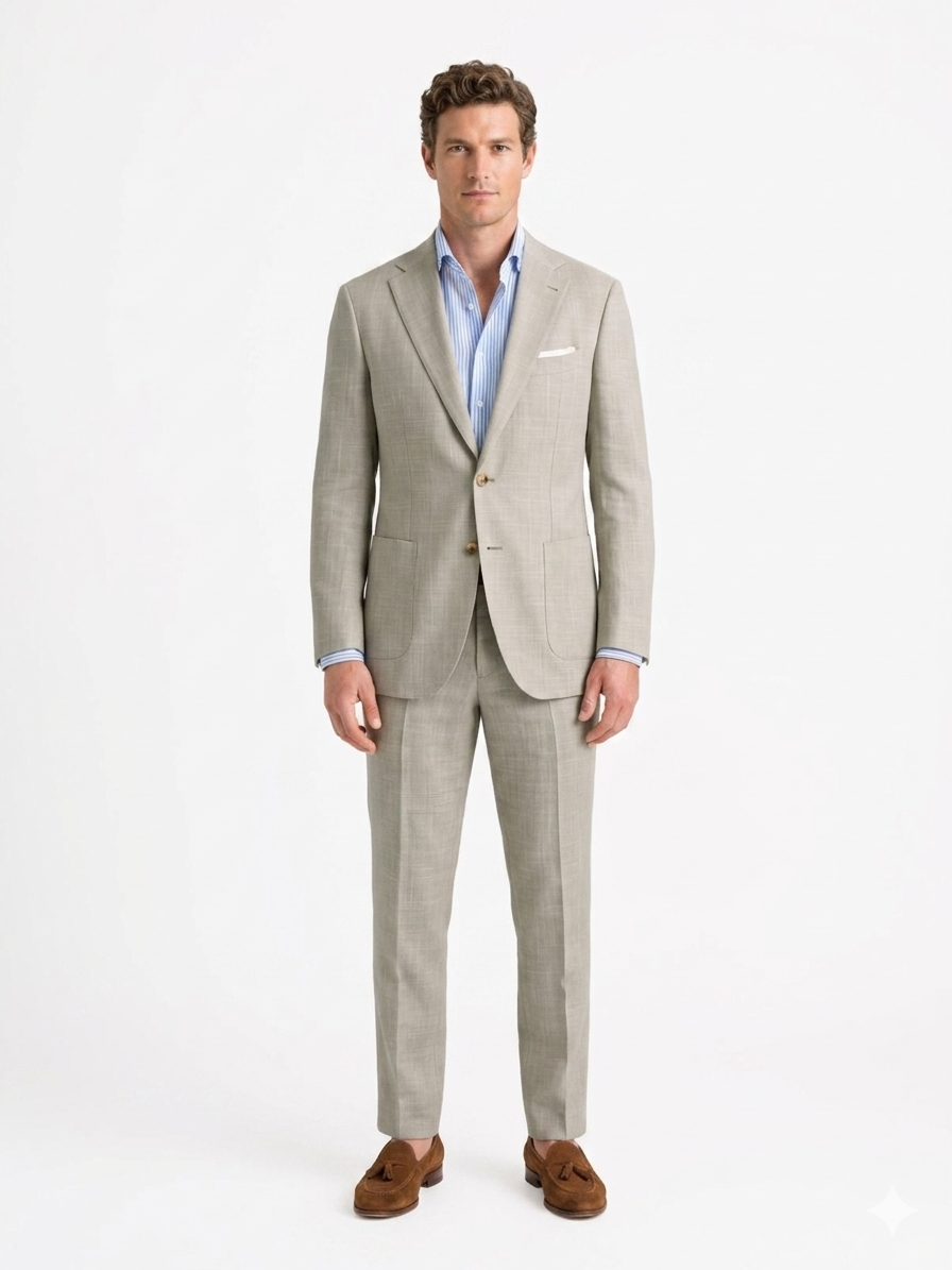 Male model wearing a sandstone beige summer suit in premium wool silk linen blend with blue striped shirt and brown loafers