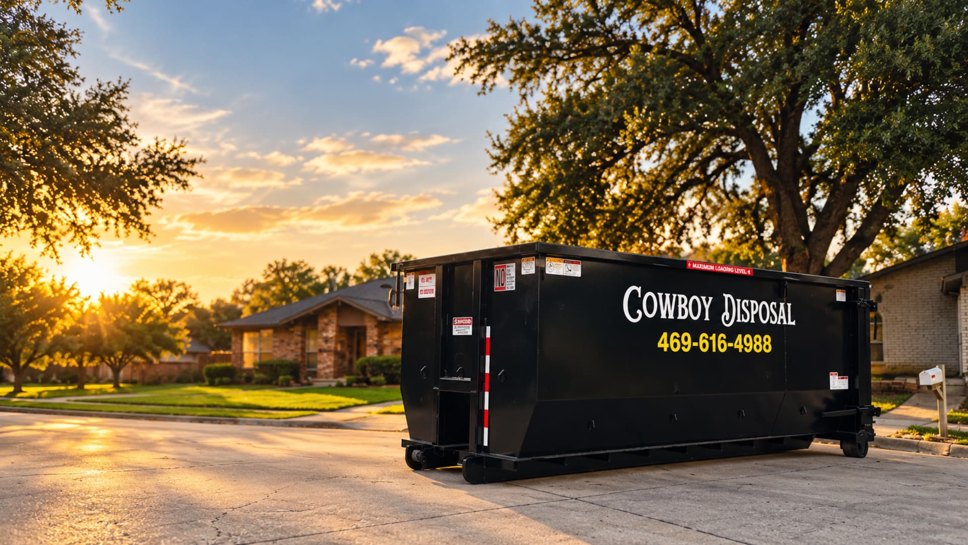 Cowboy Disposal dumpster on a neighborhood street at sunset
