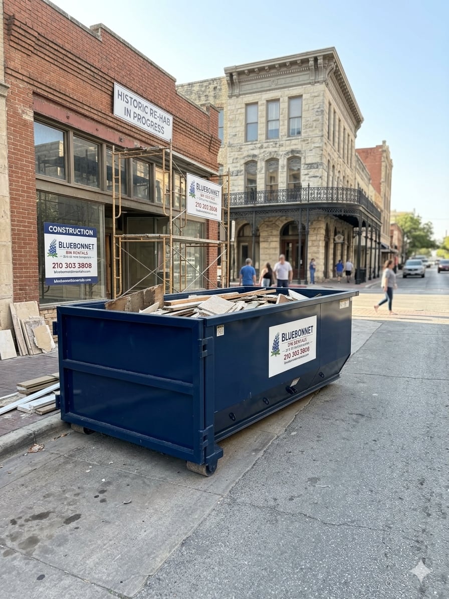 Bluebonnet dumpster on residential job site San Antonio