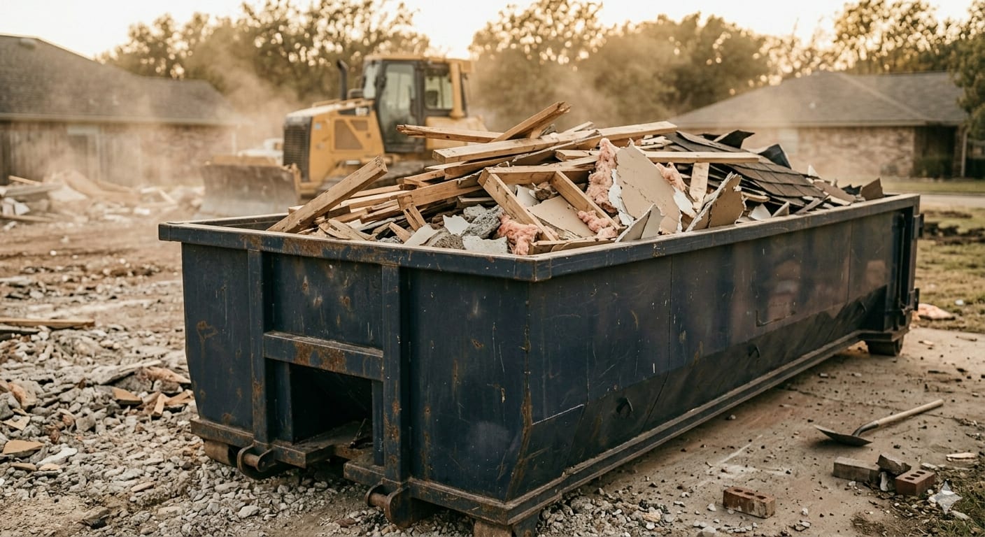 Roll-off dumpster truck unloading at a San Antonio job site at golden hour