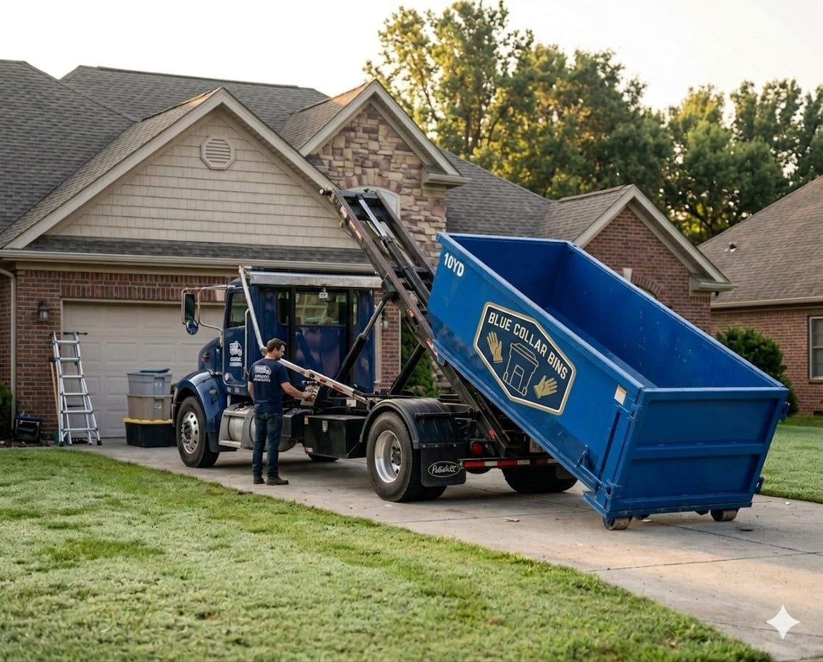 Dumpster delivery and pickup truck in central Arkansas