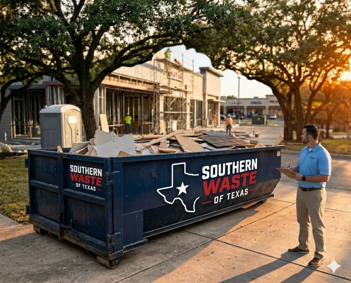 Southern Waste of Texas roll-off dumpster at a San Antonio new-build site