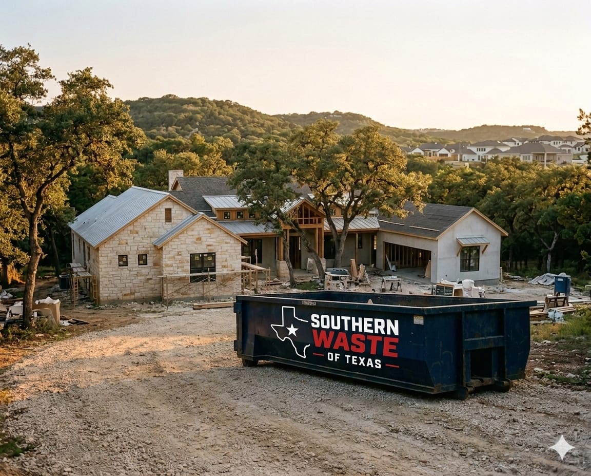 Southern Waste of Texas dumpster on a Boerne Hill Country job site
