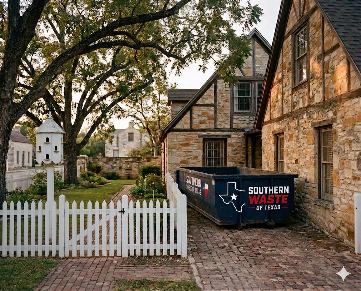 Southern Waste of Texas dumpster in Floresville ranch country
